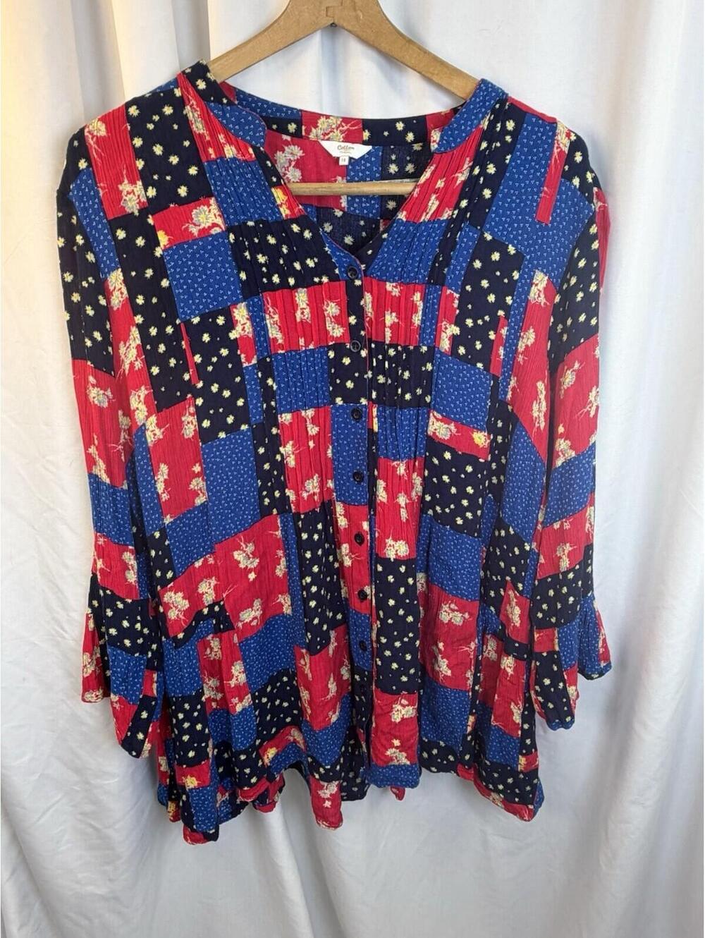 Cotton Traders Long Sleeve Red Blue Floral Tunic Button-Up Flowy Top Size 14